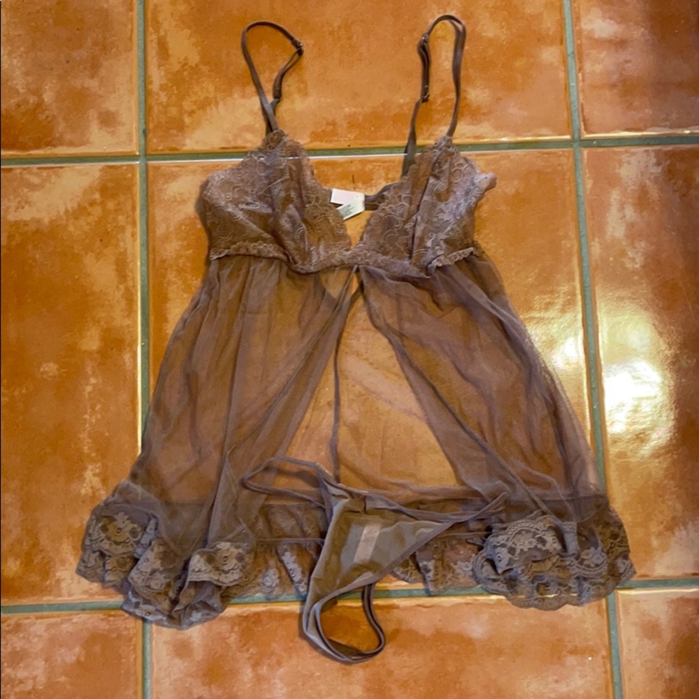 Set top and thong nightie in brown sheer